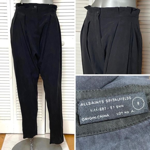 AllSaints Spitalfields Black Silk Dropped Waist Jodhpur Trousers Pants UK8 US 4 - Picture 2 of 6